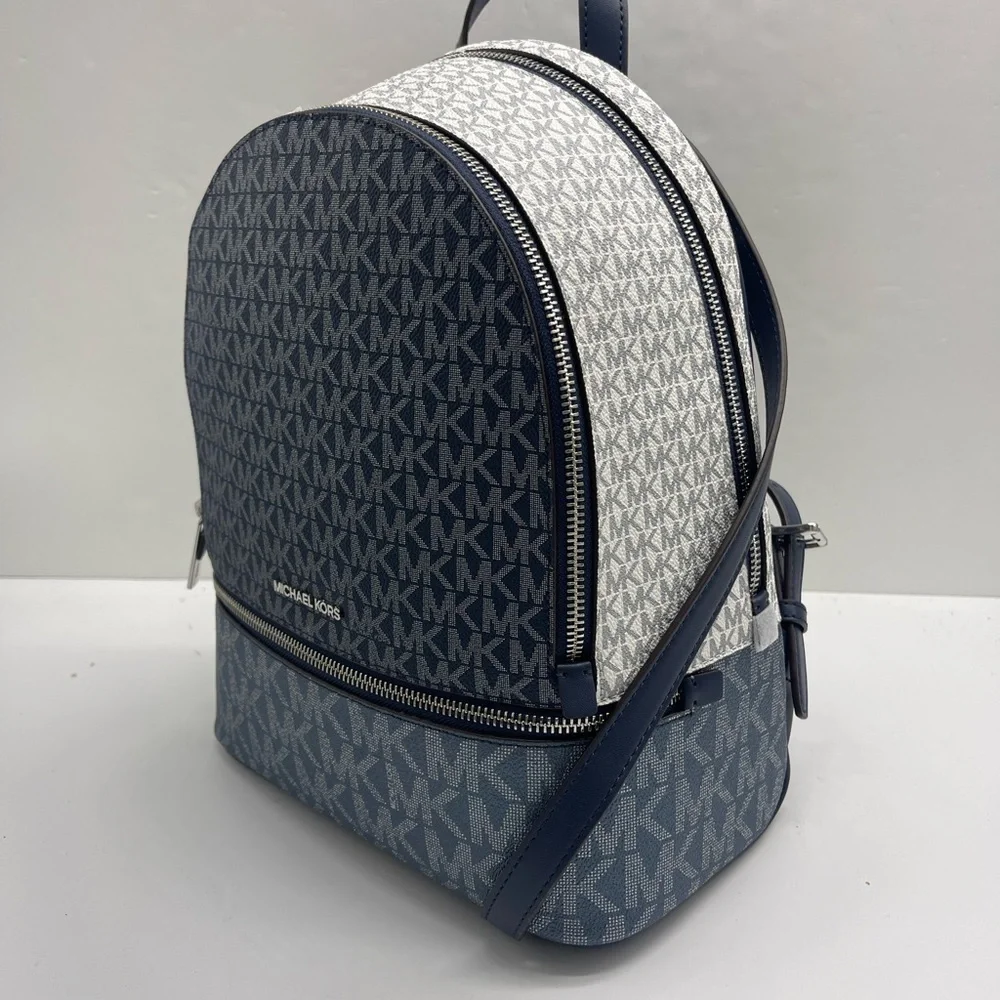 MICHAEL KORS Rhea Md Zip Color-Block Signature Logo Backpack ADMIRL MULTI NWT